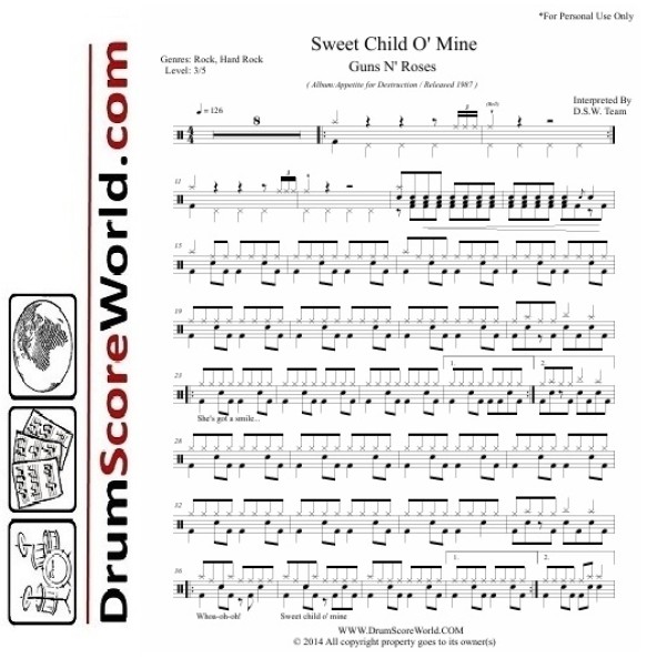 Guns N' Roses - Sweet Child O' Mine - Drum Sheet + Play-Along Track